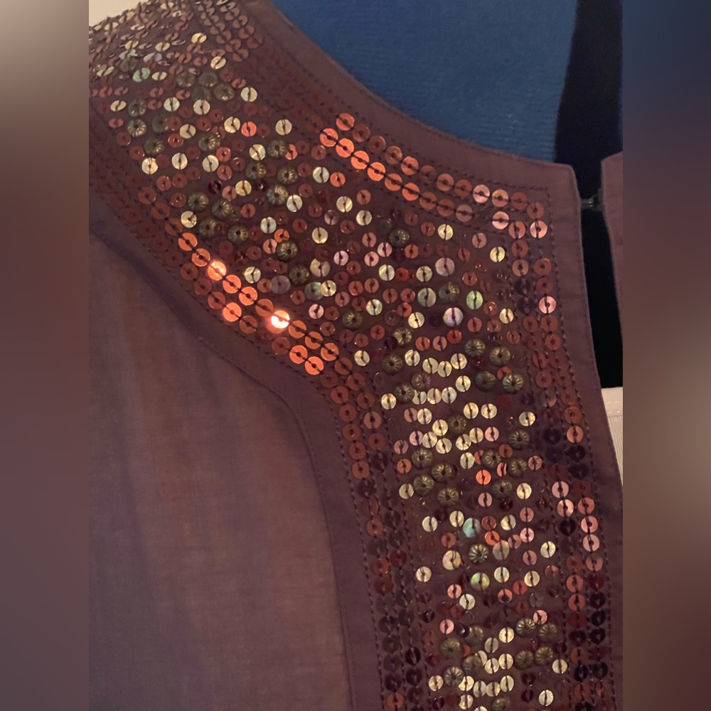 Cotton Dark Brown Poncho w/ Copper and Gold Sequin Neck and Sleeve Cuffs: Sz 1 - Picture 7 of 11